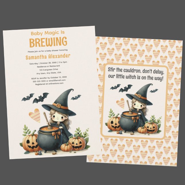 Convite Bebê está criando o chá de fraldas de Halloween (Baby Magic is Brewing Halloween baby shower invitation. Cute witch stirring cauldron. Halloween poem)