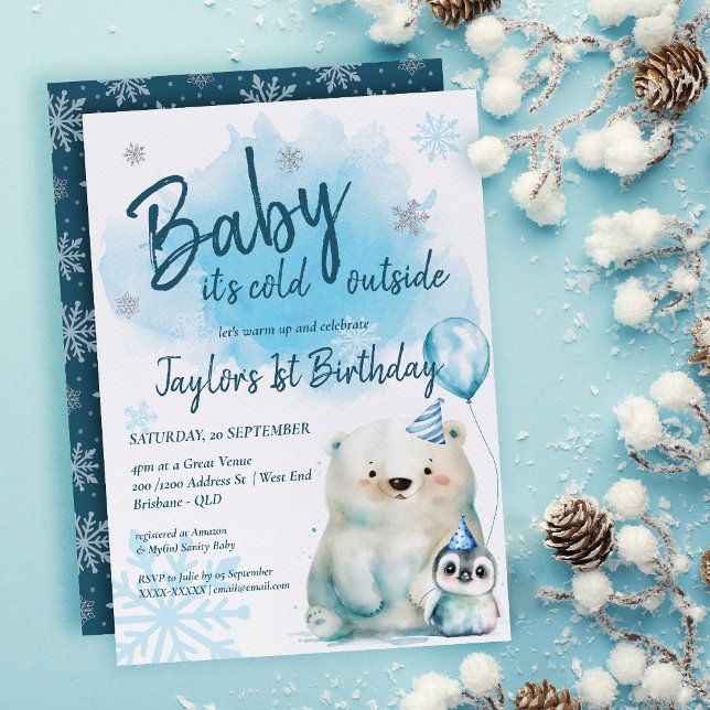 Convite Bebê Está Frio Fora do Aniversário do Inverno ( Get ready to turn up the coolness at our Winter Baby Shower with this captivating invitation! )