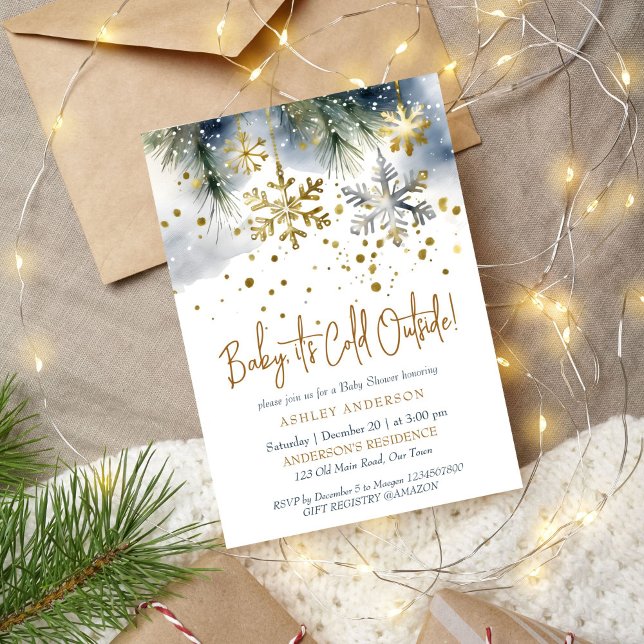 Convite Bebê, está frio fora do chá de fraldas de inverno. (Baby it's cold outside boho winter baby shower editable template invitation digital download gold)