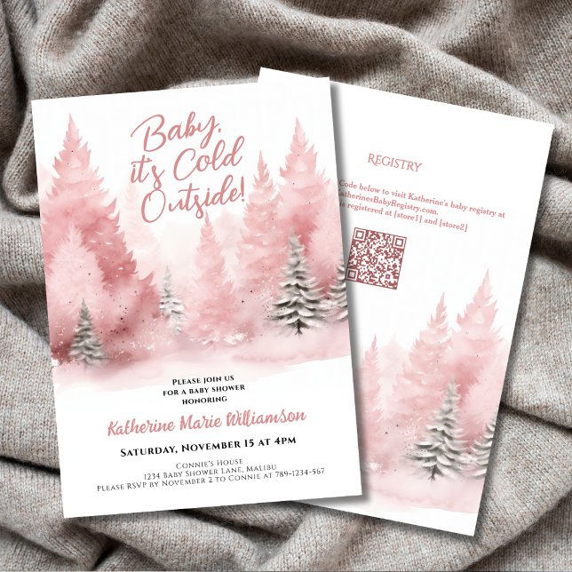 Convite Bebê Está Frio Fora do Chá de fraldas Rosa De Inve (Baby Its Cold Outside Pink Winter Forest Baby Shower Invitation with QR Code.)