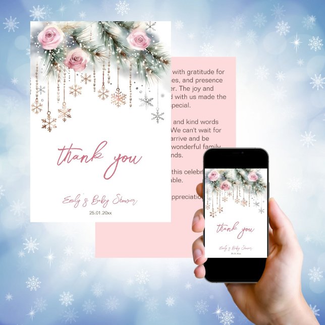 Convite Bebê está frio fora do inverno chá de fraldas obri (Baby its cold outside winter baby shower thank you card editable template digital download snowflake)