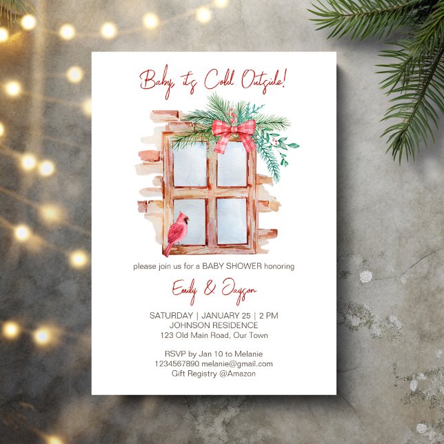 Convite Bebê, está frio fora do pastel do bebê do inverno (Baby it's cold outside winter baby pastel invitation cards template frosty window red bow pines bird)