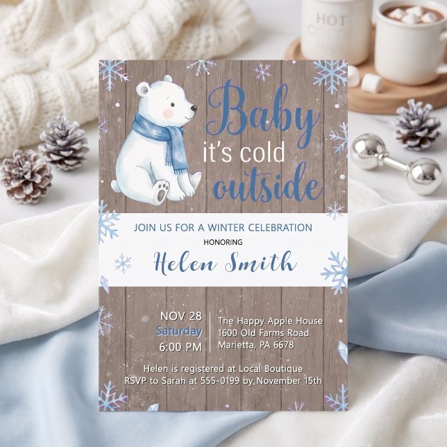 Convite Bebê Está Frio Lá Fora Cachecol Azul Urso Polar (Baby It's Cold Outside Blue Scarf Polar Bear Invitation)