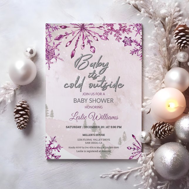 Convite Bebê está frio lá fora Chuva de Bebê Menina Rosa d (Baby is cold outside Winter Pink Baby Girl Shower Invitation)