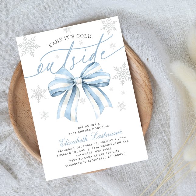 Convite Bebê, Está Frio Lá Fora Laço Azul Conjunto de Chá  (Celebrate in winter style with our Pink Bow “Baby It’s Cold Outside” Baby Shower Invitation.)