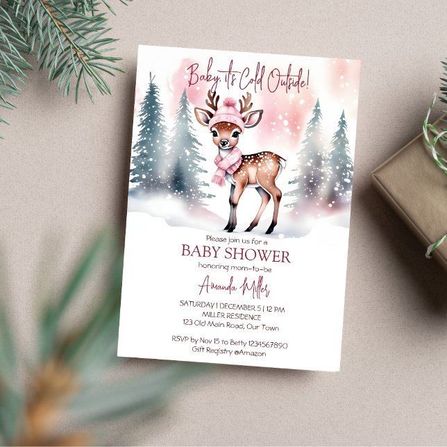 Convite Bebê, está frio lá fora, menina, cervo bebê, churr (Baby it's cold outside deer baby shower template invitation digital download watercolor cute deer)