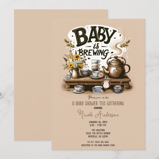 Convite Bebê está preparando Chaleira de Chá Rústica de Pê (Frente/Verso)