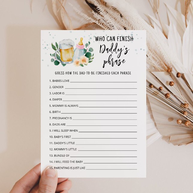 Convite Bebê está sendo preparado Quem pode terminar o car (Beer and Floral Baby is Brewing Baby Shower Finish Daddy's phrase Game Card)
