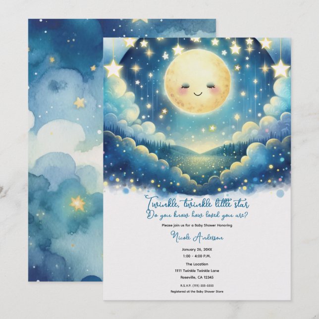 Convite Bebê Estrela Cintilante Chã de Bebê em Aquarela (Frente/Verso)