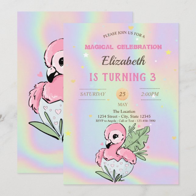 Convite Bebê Flamingo, Aniversário Holográfico (Frente/Verso)
