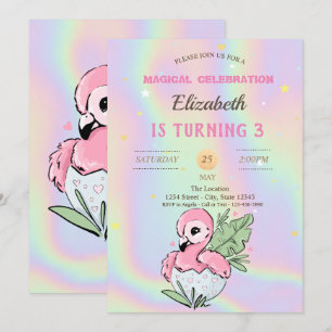 Convite Bebê Flamingo, Aniversário Holográfico