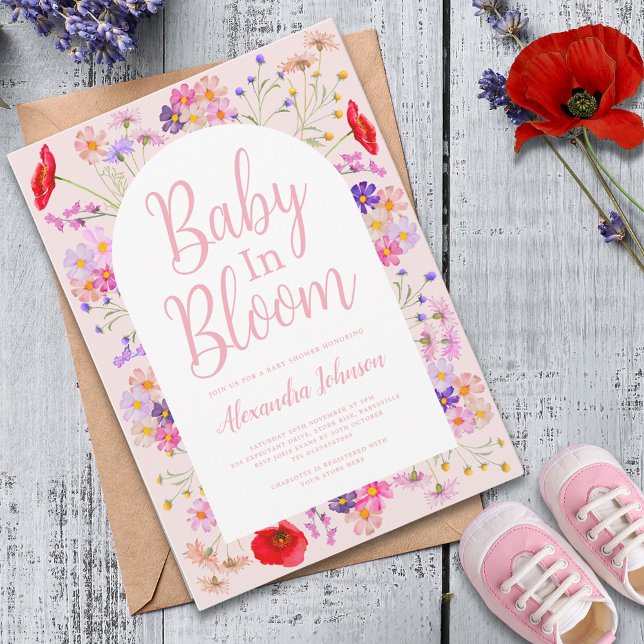 Convite Bebê flor silvestre em flor Chá de Bebê Menina (Boho chic wildflower girl baby shower invitation )