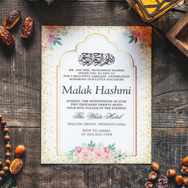Convite Bebê Floral Moderno Aqiqa Islâmica Aqeqah (Criador carregado)