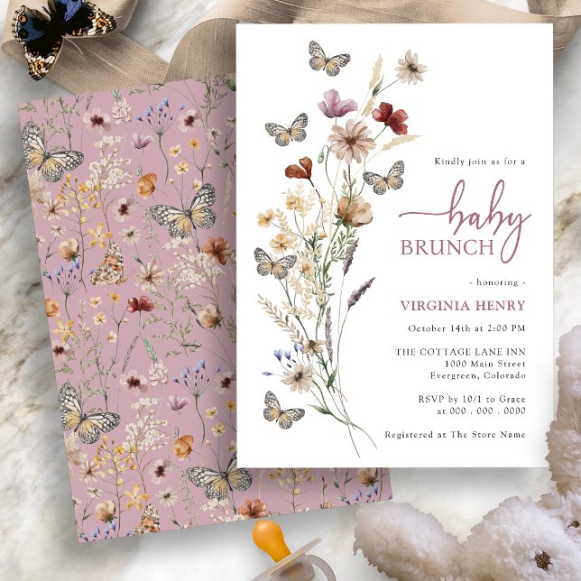 Convite Bebê Floral Rosa Boho Brunch (Dusty Pink Boho Floral Baby Brunch Invitation with Butterflies by Painted Paperie
)
