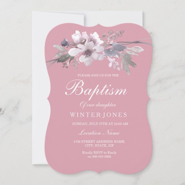 Convite Bebê Floral Rosa Dusty Baptism Christening (Frente)
