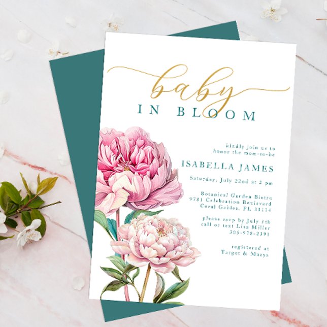 Convite Bebê Floral Rosa e Dourado Esbranquiçado no Chá Bl (Baby In Bloom Floral Invitation)