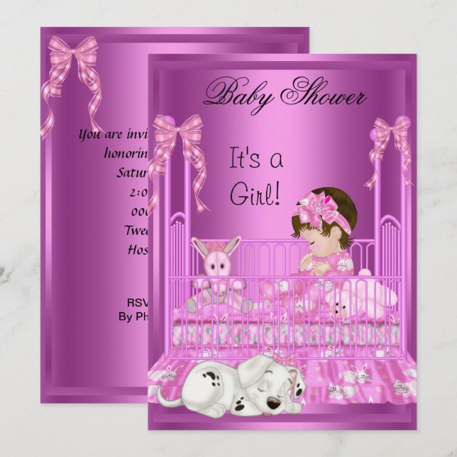 Convite Bebê Fofa Chuveiro Menina Rosa Berço Cachorrinho B (Frente/Verso)