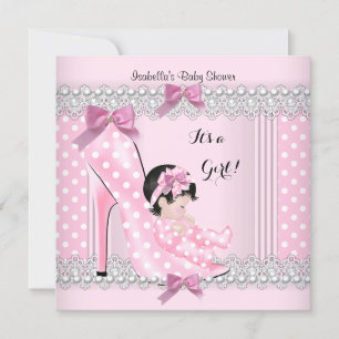 Convite Bebê Fofa Chuveiro Menina Rosa Bolinhas Salto Alto