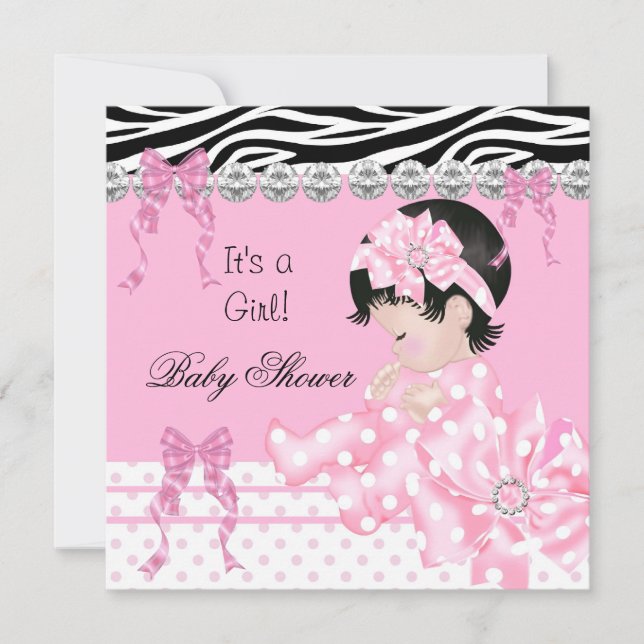 Convite Bebê Fofa Chuveiro Menina Rosa Zebra Bolinhas 5 (Frente)