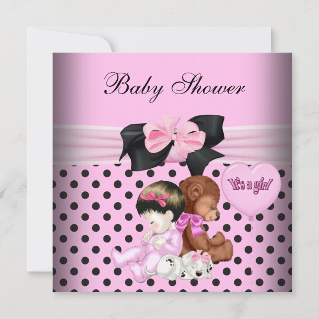 Convite Bebê Fofa Menina Chuvinha de Amor Rosa Preto Bolin (Frente)