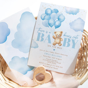 Convite Bebê fofo a caminho balão de urso de pelúcia azul