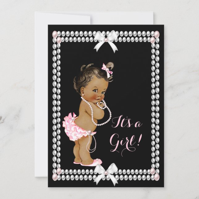 Convite Bebê Fofo Chuveiro Menina Pérolas Rosa Preto Étnic (Frente)