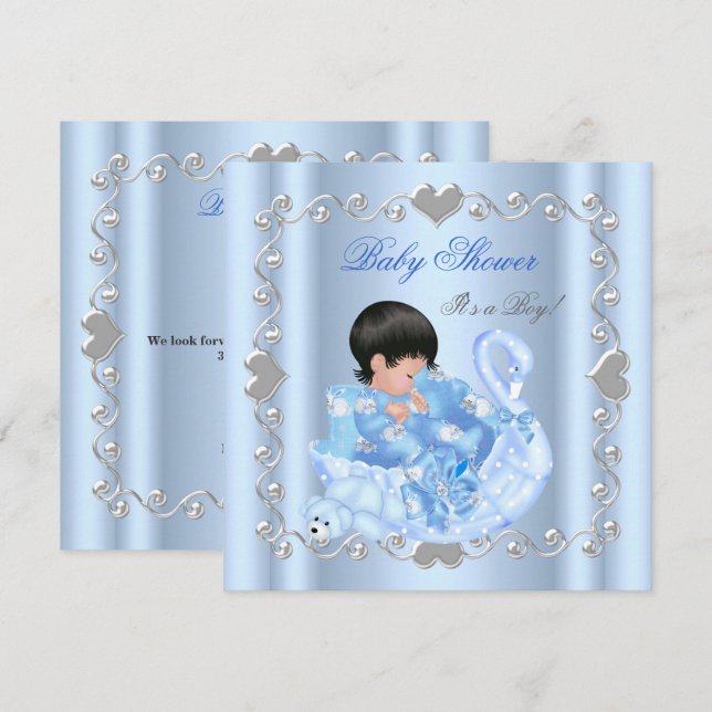 Convite Bebê Fofo Chuveiro Menino Bebê Azul Cisne (Frente/Verso)