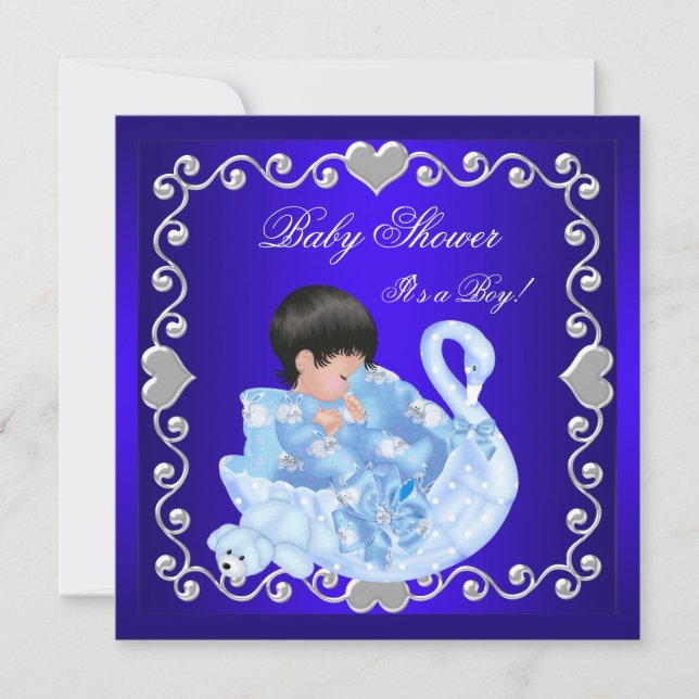 Convite Bebê Fofo Chuveiro Menino Bebê Azul Real Cisne (Frente)