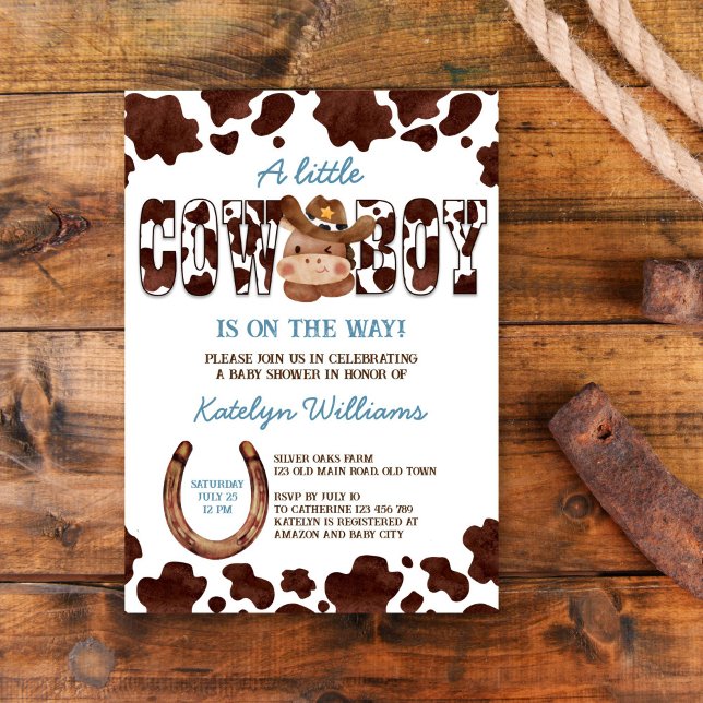 Convite Bebê fofo cowboy chá de fraldas oeste (Cowboy cute baby horse blue brown cow pattern ranch western baby shower invitation template download)