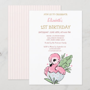 Convite Bebê Fofo Flamingo Listrado Aniversário
