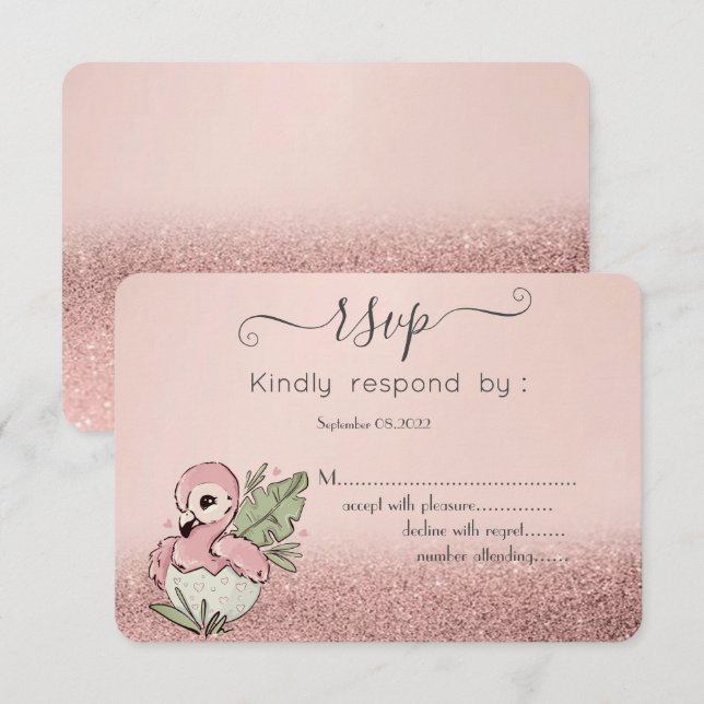 Convite Bebê Fofo Flamingo Rosa Dourado Brilho RSVP (Frente/Verso)
