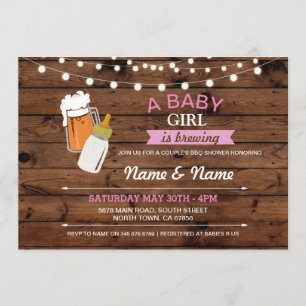 Convite Bebê Garota Fazendo Chás Cervejas Rosa Madeira Con