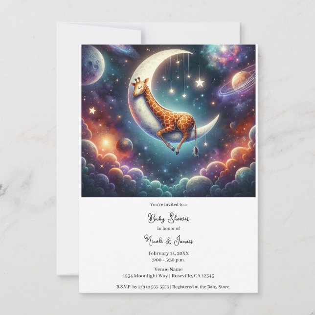 Convite Bebê Girafa Celestial Dormindo na Lua e Estrelas (Frente)