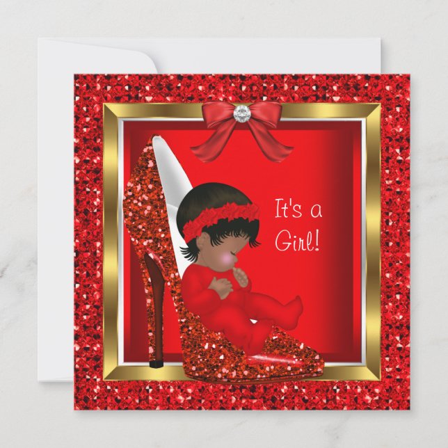 Convite Bebê Glitter Bonito Vermelho Calçado Garota Chá de (Frente)