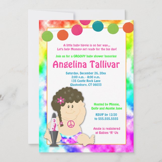 Convite Bebê Hippie 60s 70s Chá de fraldas Groovy (Raparig (Frente)
