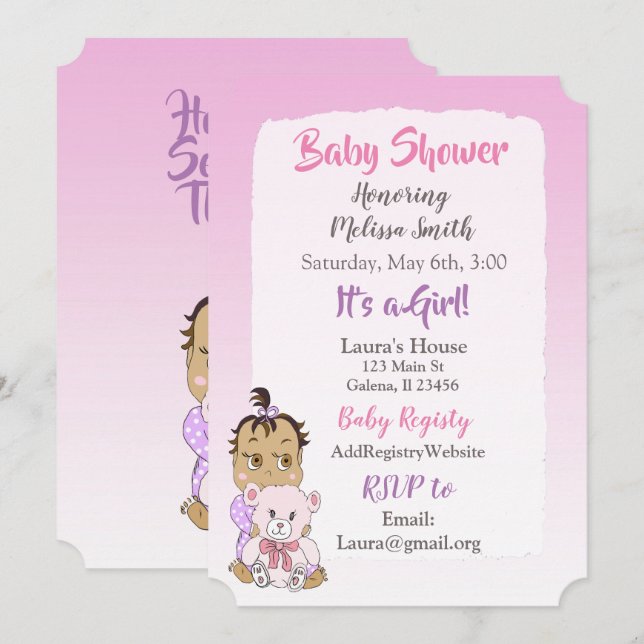 Convite Bebê hispânica menina com ursinho de pelúcia showi (Frente/Verso)