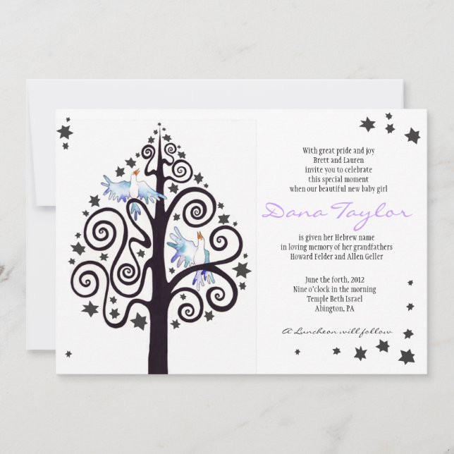 Convite Bebê judaico da árvore da estrela que nomeia o (Frente)