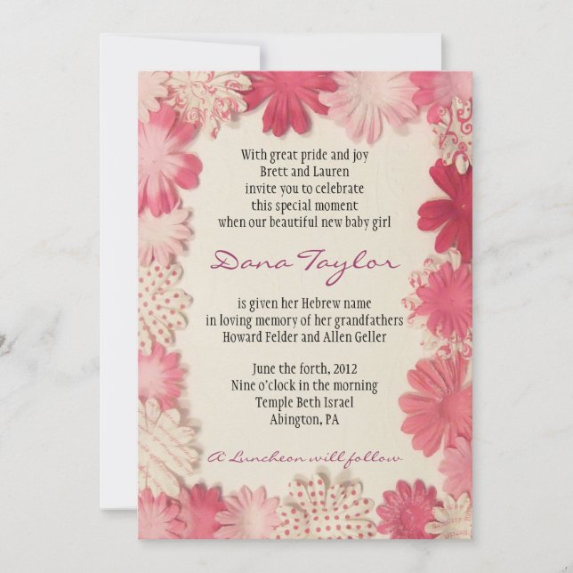 Convite Bebê judaico das flores de papel que nomeia o (Frente)