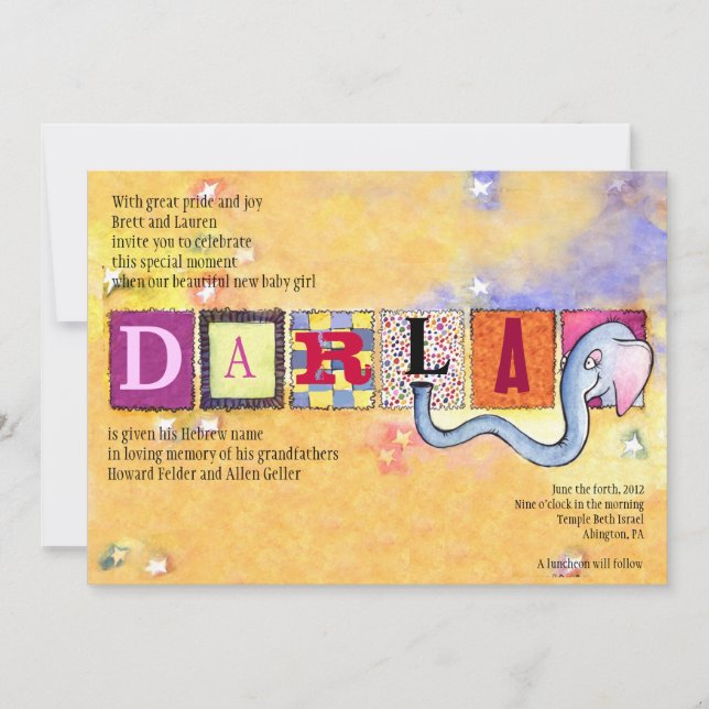 Convite Bebê judaico do elefante que nomeia a menina do (Frente)
