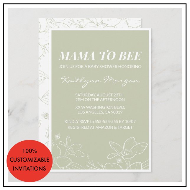 Convite Bebê lança-chuvas solares Moderno (Bee baby shower invitations Modern Floral green)
