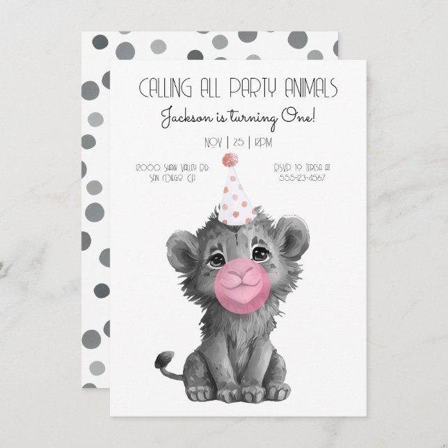 Convite Bebê Lion Cub preto e branco Aniversário (Frente/Verso)