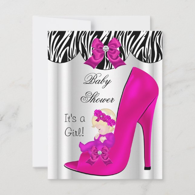 Convite Bebê Loura Chuveiro Menina Rosa Sapato de Bebê Rox (Frente)