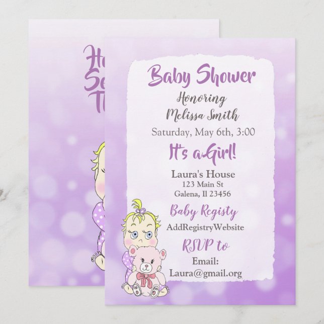 Convite Bebê Loura com Urso de Pelúcia Bebê showier (Frente/Verso)