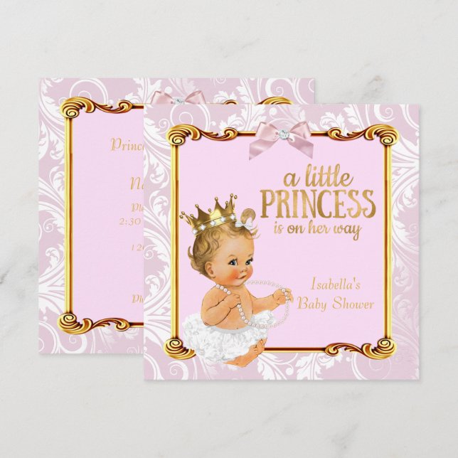 Convite Bebê Loura Princesa Chás de Bebê Branco Rosa Doura (Frente/Verso)