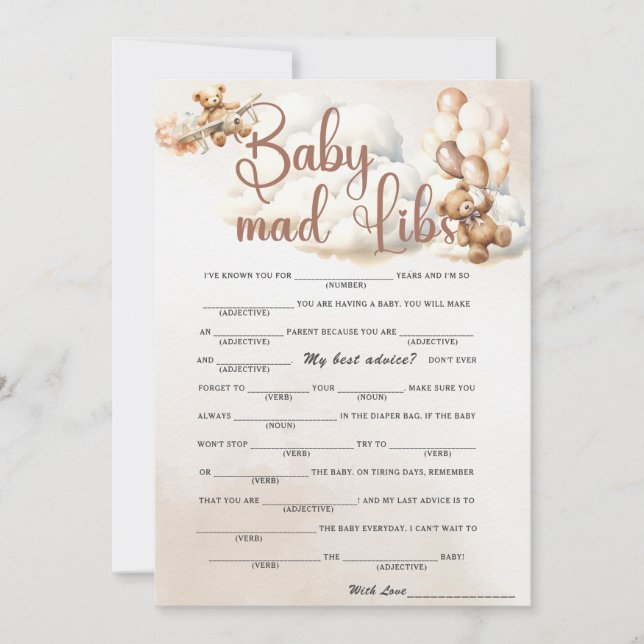 Convite BEBÊ MAD LIBS Jogo para Chá de Bebê Urso Fofo (Frente)