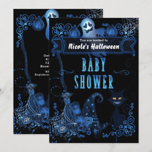 Convite Bebê Mágico de Halloween Chuveiro de Gato Luzes Az