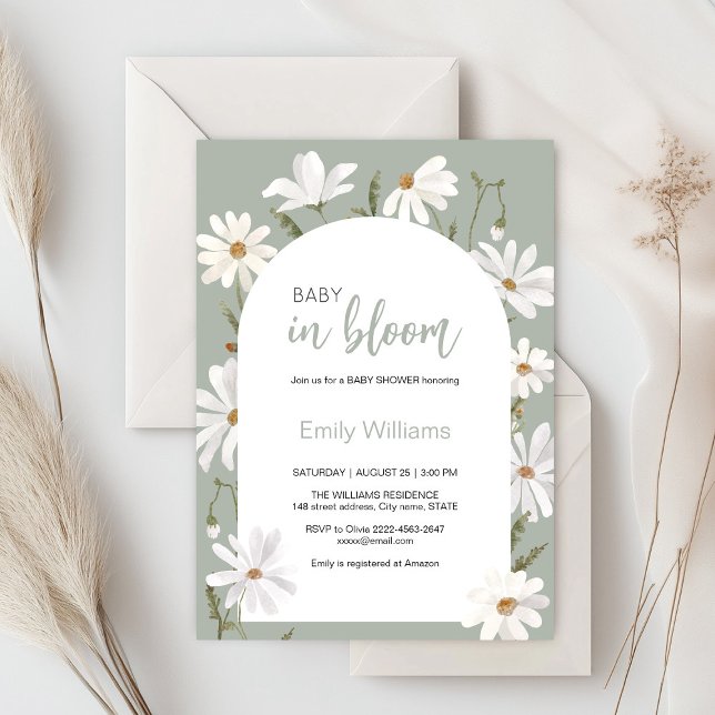 Convite Bebê margarida com aquarelas no chá de fraldas flo (Daisy wildflower watercolor baby in bloom floral shower invitation in sage colors, rustic, boho)