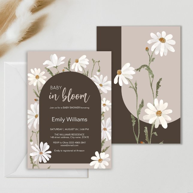 Convite Bebê margarida com aquarelas no chá de fraldas flo (Daisy wildflower watercolor baby in bloom floral shower invitation in beige colors, rustic, boho)