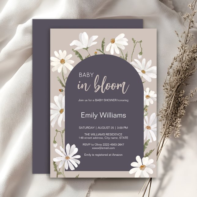 Convite Bebê margarida com aquarelas no chá de fraldas flo (Daisy wildflower watercolor baby in bloom floral shower invitation in beige colors, rustic, boho)