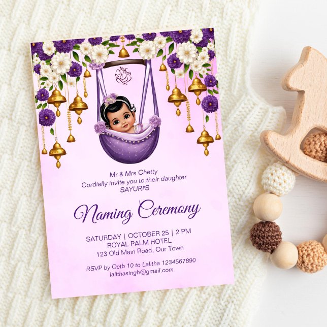 Convite Bebê Mencionando Namkaran Cradle Ceremony Puro (Baby Girl Naming Namkaran Cradle Ceremony purple Invitation template instant download cute girl sari)